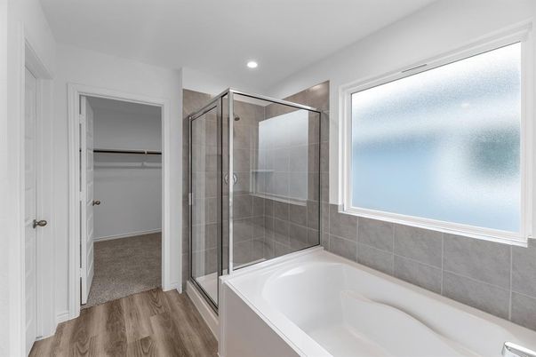 Bathroom, Glass Shower, Interior, Recessed Lighting, Wood Texture Flooring
