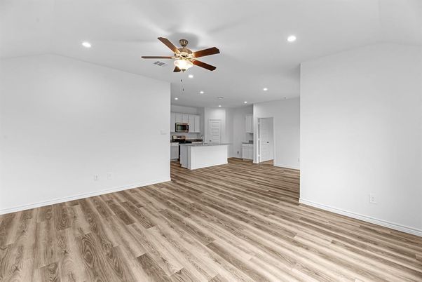 Empty room, Interior, Kitchen, Recessed Lighting, Wood Texture Flooring