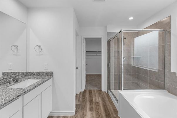 Bathroom, Glass Shower, Interior, Recessed Lighting, Wood Texture Flooring
