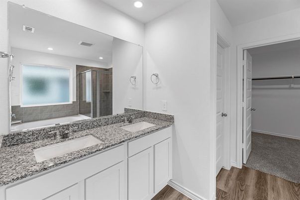 Bathroom, Dual Sink Vanities, Glass Shower, Interior, Recessed Lighting, Walk-in Closets, Wood Texture Flooring