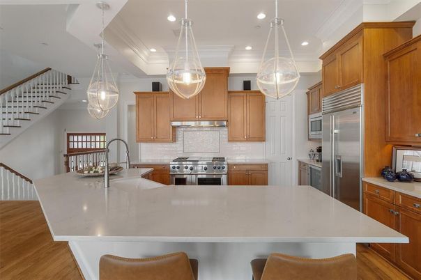 Interior, Kitchen, Pendant Lights, Recessed Lighting, Stainless Steel Appliances, Wood Texture Flooring