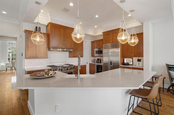 Interior, Kitchen, Pendant Lights, Recessed Lighting, Stainless Steel Appliances, Wood Texture Flooring