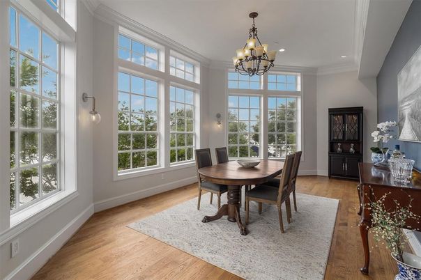 Chandelier, Dining room, Interior, Recessed Lighting, Wood Texture Flooring