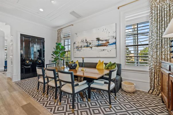 Dining room, Interior, Recessed Lighting, Wood Texture Flooring