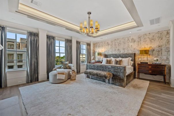 Bedroom, Chandelier, Interior, Recessed Lighting, Wood Texture Flooring