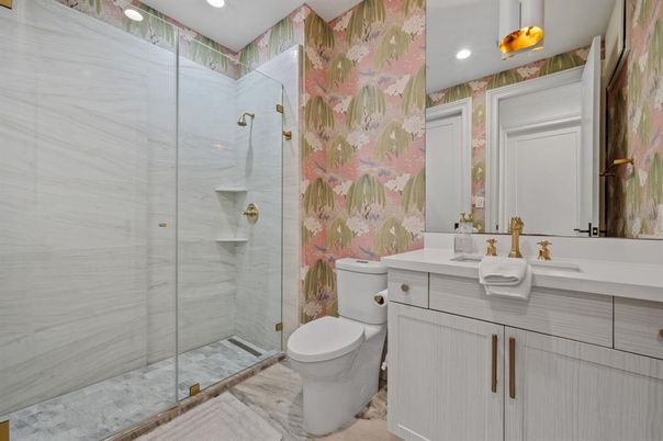 Bathroom, Glass Shower, Interior, Marble Walls, Recessed Lighting
