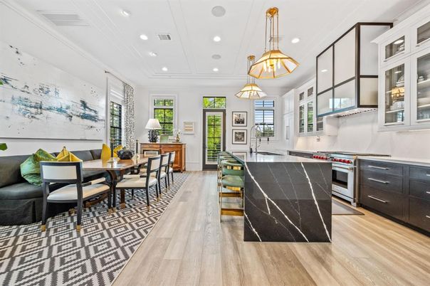 Dining room, Interior, Kitchen, Pendant Lights, Recessed Lighting, Stainless Steel Appliances, Wood Texture Flooring
