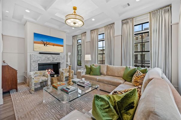 Fireplace, Interior, Living room, Pendant Lights, Recessed Lighting, Wood Texture Flooring