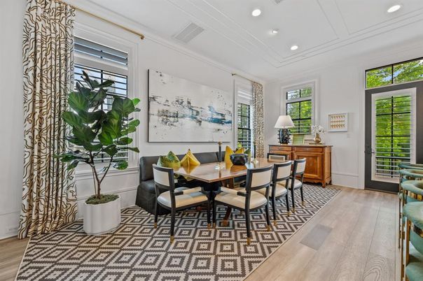 Dining room, Interior, Recessed Lighting, Wood Texture Flooring
