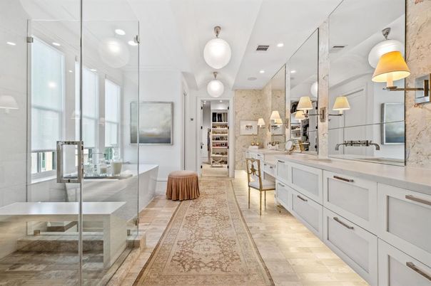 Bathroom, Dual Sink Vanities, Interior, Pendant Lights, Recessed Lighting, Walk-in Closets, Wood Texture Flooring