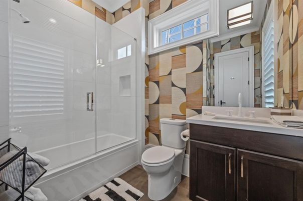 Bathroom, Glass Shower, Interior, Wood Texture Flooring