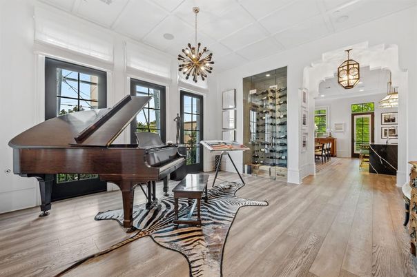 Interior, Pendant Lights, Piano, Wine Storage, Wood Texture Flooring