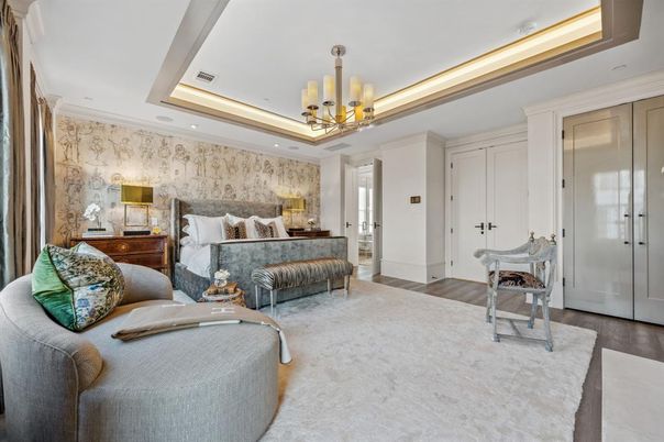 Bedroom, Chandelier, Interior, Recessed Lighting, Wood Texture Flooring