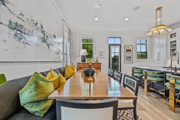 Dining room, Interior, Kitchen, Pendant Lights, Recessed Lighting, Wood Texture Flooring