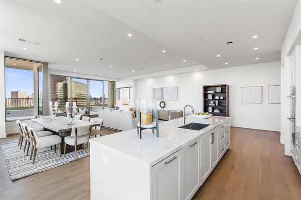 Dining room, Interior, Kitchen, Living room, Recessed Lighting, Wood Texture Flooring