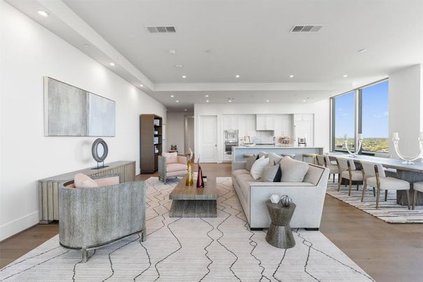 Dining room, Interior, Kitchen, Living room, Recessed Lighting, Stainless Steel Appliances, Wood Texture Flooring