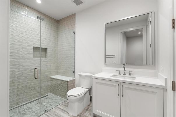 Bathroom, Glass Shower, Interior, Recessed Lighting, Wood Texture Flooring