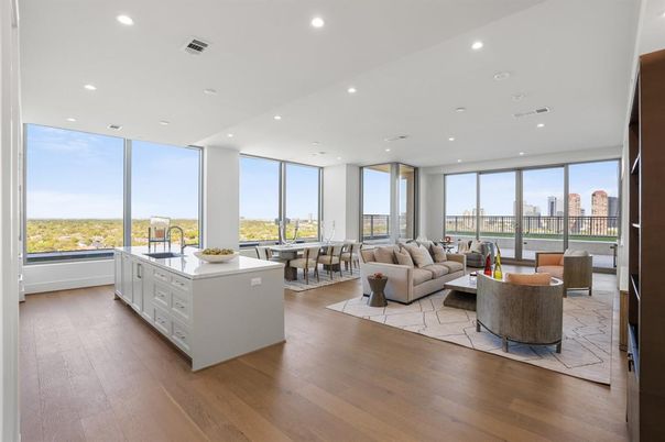 Dining room, Interior, Kitchen, Living room, Recessed Lighting, Wood Texture Flooring