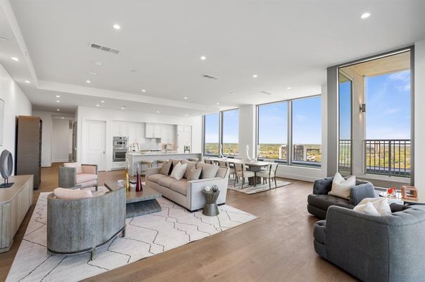 Dining room, Interior, Kitchen, Living room, Recessed Lighting, Stainless Steel Appliances, Wood Texture Flooring