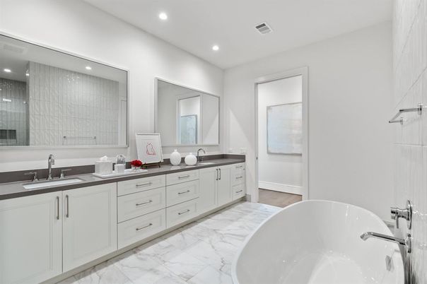 Bathroom, Dual Sink Vanities, Free Standing Baths, Interior, Marble, Recessed Lighting