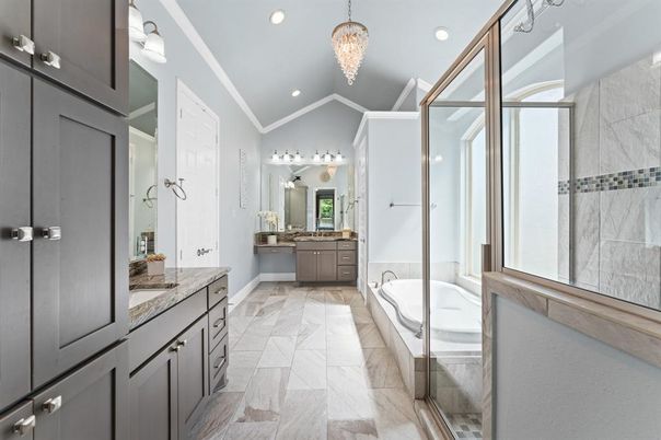 Bathroom, Chandelier, Dual Sink Vanities, Glass Shower, Interior, Marble, Recessed Lighting
