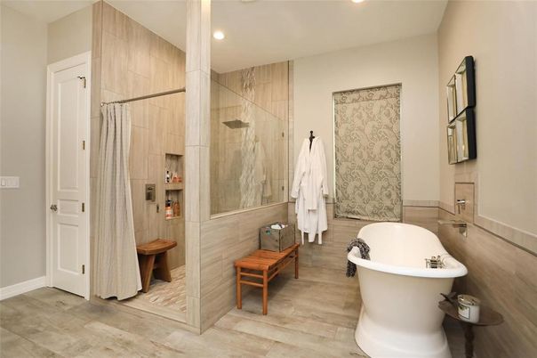 Bathroom, Free Standing Baths, Interior, Recessed Lighting, Wood Texture Flooring