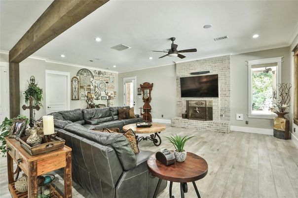 Fireplace, Interior, Living room, Recessed Lighting, Stone Walls, Wooden Beams, Wood Texture Flooring