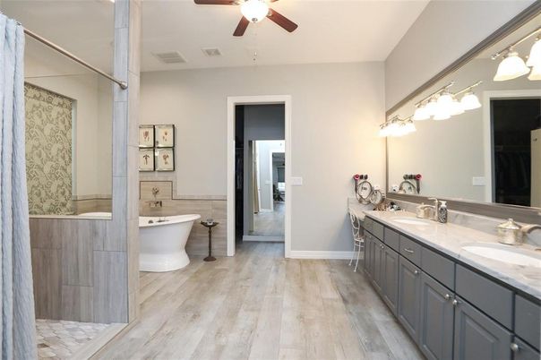 Bathroom, Dual Sink Vanities, Free Standing Baths, Interior, Wood Texture Flooring