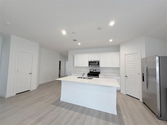 Interior, Kitchen, Recessed Lighting, Stainless Steel Appliances, Wood Texture Flooring