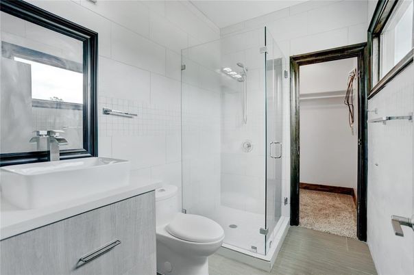 Bathroom, Glass Shower, Interior, Wood Texture Flooring