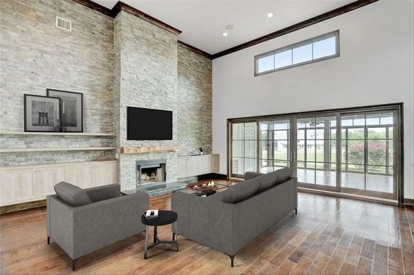 Fireplace, Interior, Living room, Recessed Lighting, Stone Walls, Wood Texture Flooring
