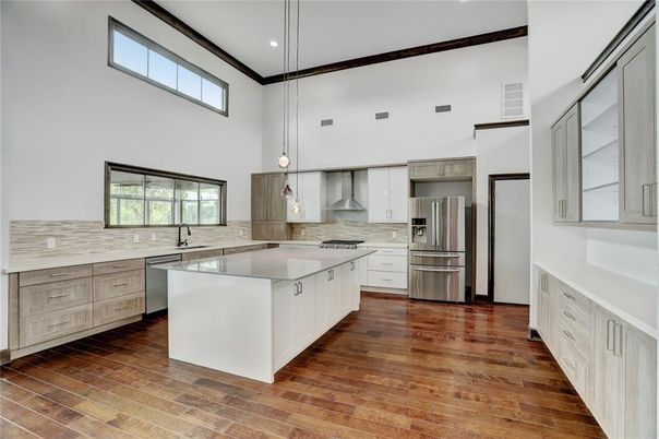 Interior, Kitchen, Pendant Lights, Recessed Lighting, Stainless Steel Appliances, Wood Texture Flooring