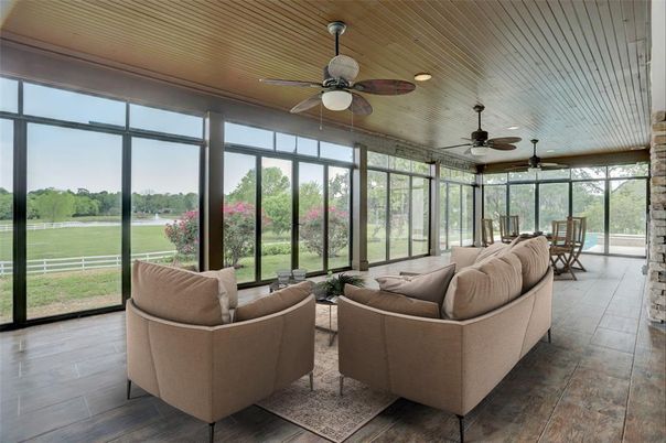 Dining room, Interior, Living room, Recessed Lighting, Sun Room, Wooden Ceilings, Wood Texture Flooring