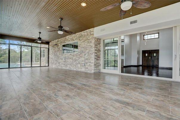 Empty room, Interior, Recessed Lighting, Stone Walls, Wood Texture Flooring