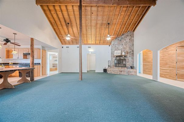 Fireplace, Interior, Kitchen, Pendant Lights, Stone Walls, Wooden Beams, Wooden Ceilings
