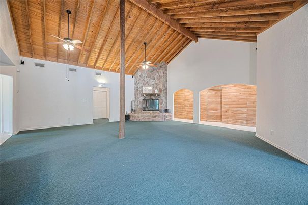 Empty room, Fireplace, Interior, Stone Walls, Wooden Beams, Wooden Ceilings