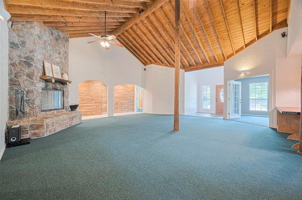 Empty room, Fireplace, Interior, Stone Walls, Wooden Beams, Wooden Ceilings
