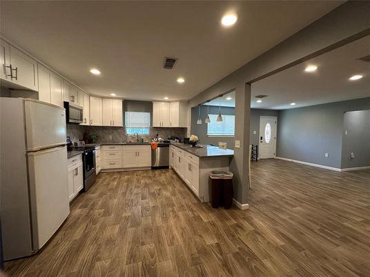 Interior, Kitchen, Recessed Lighting, Stainless Steel Appliances, Wood Texture Flooring