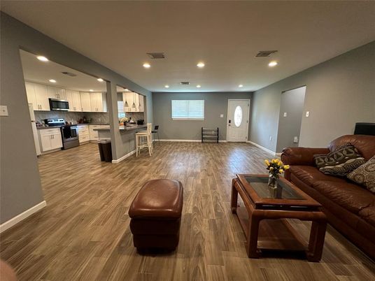 Interior, Kitchen, Living room, Recessed Lighting, Stainless Steel Appliances, Wood Texture Flooring