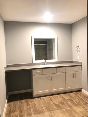 Bathroom, Dual Sink Vanities, Interior, Recessed Lighting, Wood Texture Flooring