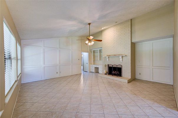 Empty room, Fireplace, Interior, Recessed Lighting, Stone Walls