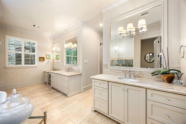 Bathroom, Dual Sink Vanities, Interior, Recessed Lighting, Wood Texture Flooring