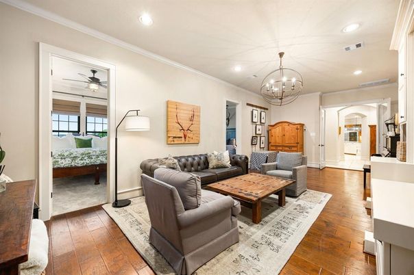 Bedroom, Chandelier, Interior, Living room, Recessed Lighting, Wood Texture Flooring