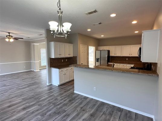 Chandelier, Interior, Kitchen, Recessed Lighting, Wood Texture Flooring