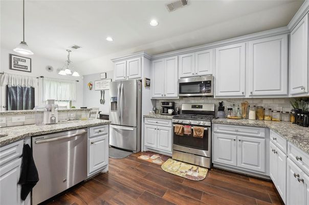 Interior, Kitchen, Pendant Lights, Recessed Lighting, Stainless Steel Appliances, Wood Texture Flooring