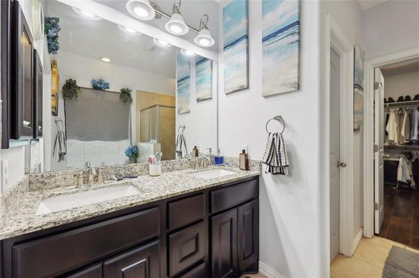Bathroom, Dual Sink Vanities, Interior, Recessed Lighting, Wood Texture Flooring