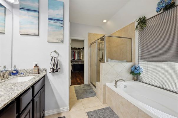 Bathroom, Glass Shower, Interior, Recessed Lighting, Wood Texture Flooring