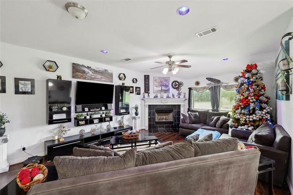 Fireplace, Interior, Living room, Recessed Lighting, Wood Texture Flooring