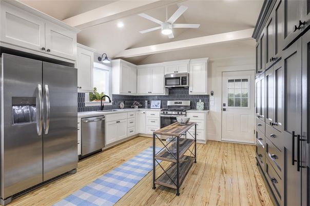 Interior, Kitchen, Recessed Lighting, Stainless Steel Appliances, Wood Texture Flooring