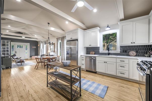 Dining room, Interior, Kitchen, Pendant Lights, Recessed Lighting, Stainless Steel Appliances, Wood Texture Flooring